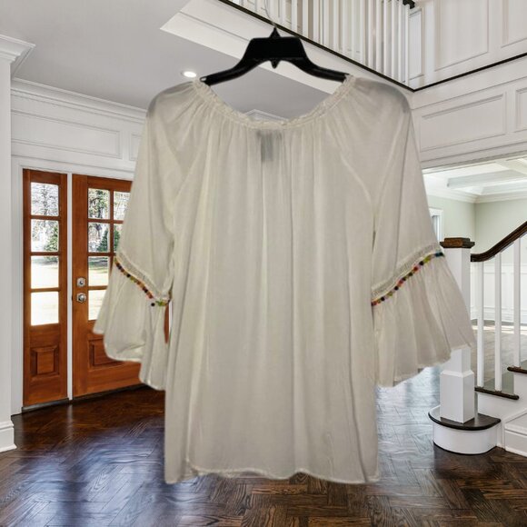 Grace Elements White Boho Tunic Dress with Pom-Pom Sleeves Size Medium - Picture 1 of 11